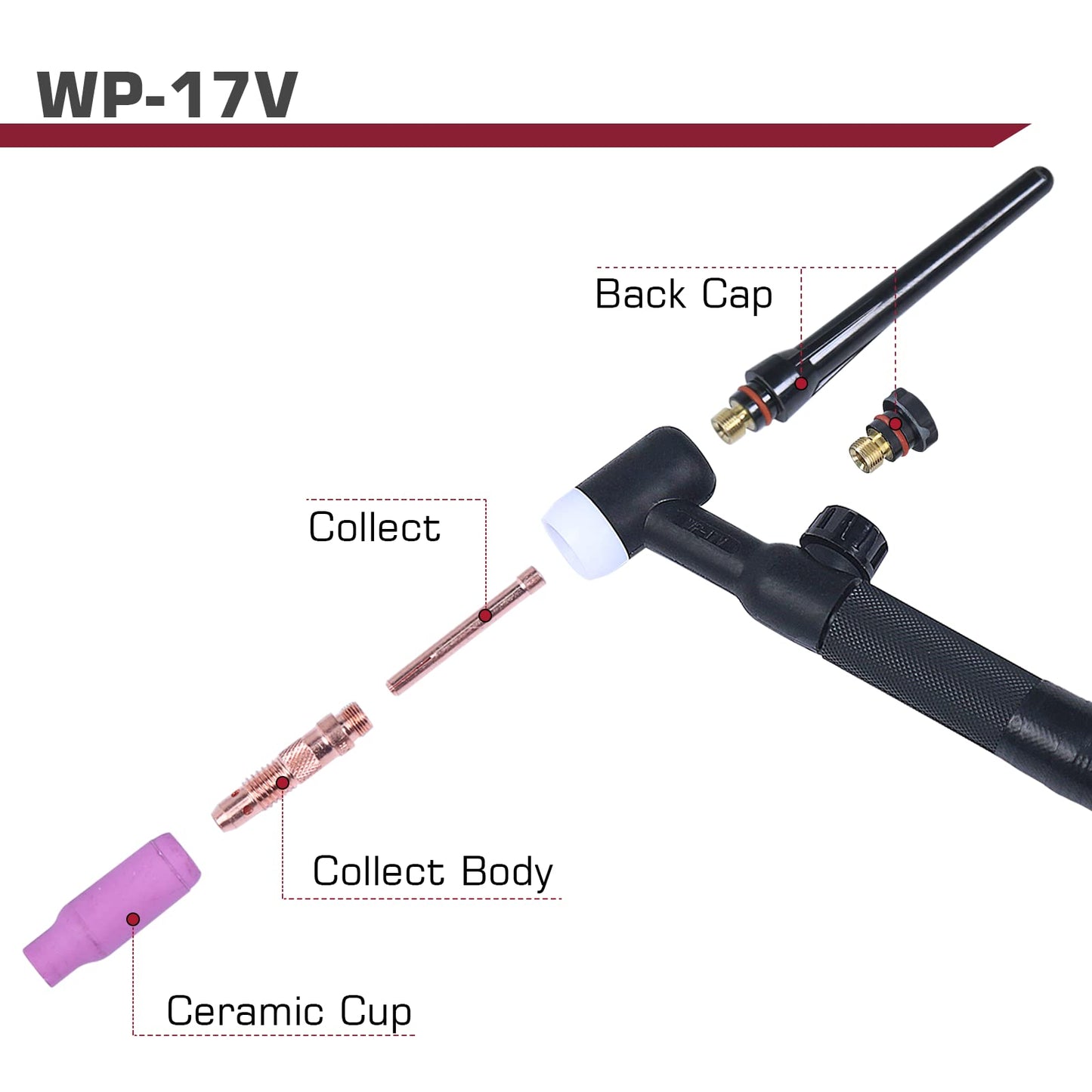 ARCCAPTAIN TIG Welding Gun, WP-17V Argon TIG Torch with 13FT Red Air Hose and 35-50mm Connector, Lift Tig Torch 150amp with 13FT Cable for ARCCAPTAIN ARC200, MIG200, MIG250, ARC205 Pro and MIG205 Pro