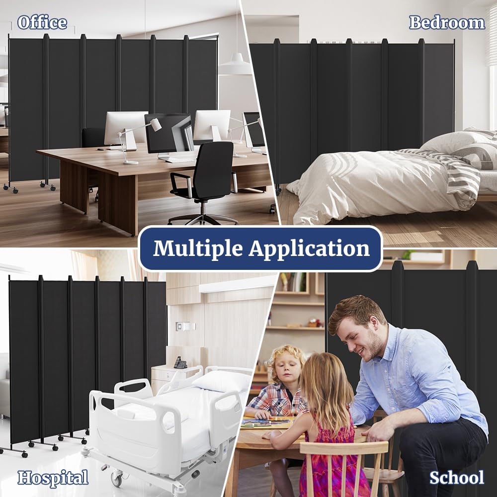 Kokorona 6 Panel Room Divider, 6FT Tall Rolling Privacy Screen with Lockable Wheels, Folding Wall Dividers Portable Room Divider for Room Separation, Included - Cover Strips, Black, 119''W x 70''H