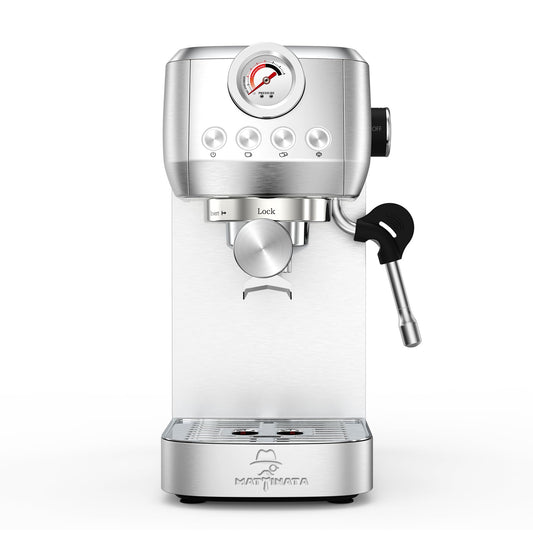 MAttinata CM1663 Espresso Machine, 20 Bar Compact Coffee Maker with Milk Frother Steam Wand for Cappuccino, Latte, Professional Pressure Gauge & 49oz Removable Water Tank for Home，Stainless Steel