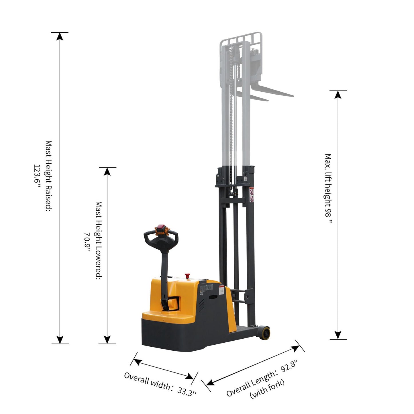 Apollo Stacker Full Electric Counterbalanced Material Lift 2200 Lbs Capacity 98" Lifting Height Powered Hydraulic Lifter with Straddle Forks Suitable for All Kinds of Pallets