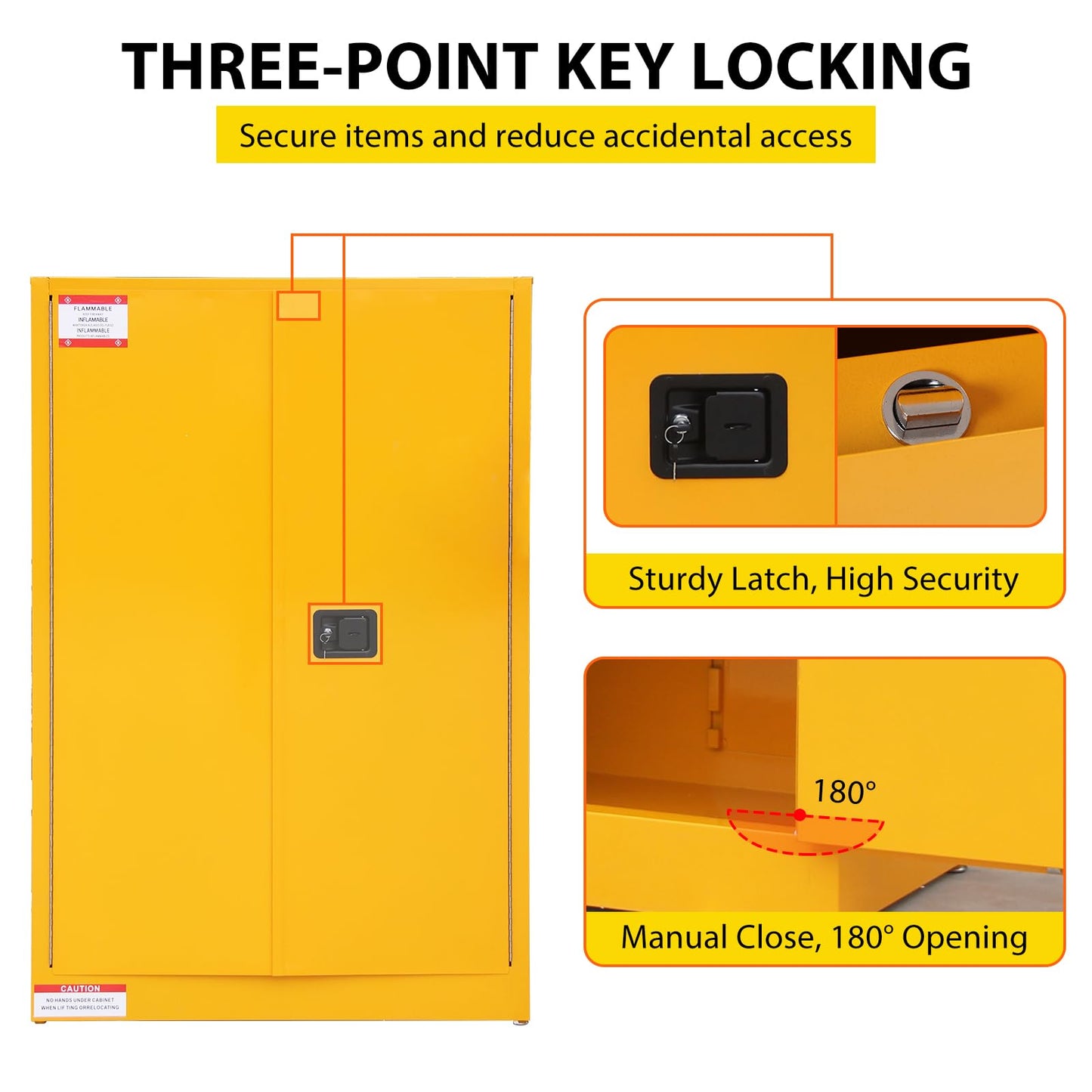 45 Gallon Flammable Safety Cabinet, Industrial Yellow Steel Storage for Flammable Liquids, Fireproof Double-Wall Design with 2 Adjustable Shelves, Manual Close Doors & Dual Vents, OSHA Compliant