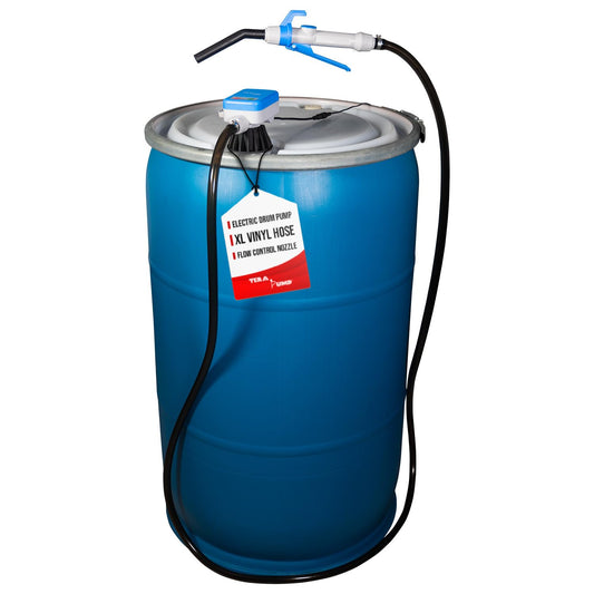 TERA PUMP - Large Automatic Electric Powered DEF Drum Pump with Flow Control Handle Nozzle for DEF, Antifreeze, Washer Fluid - 2.4 GPM Transfer Rate w/ 9.8ft Vinyl Hose and Screw On Bung Adapter
