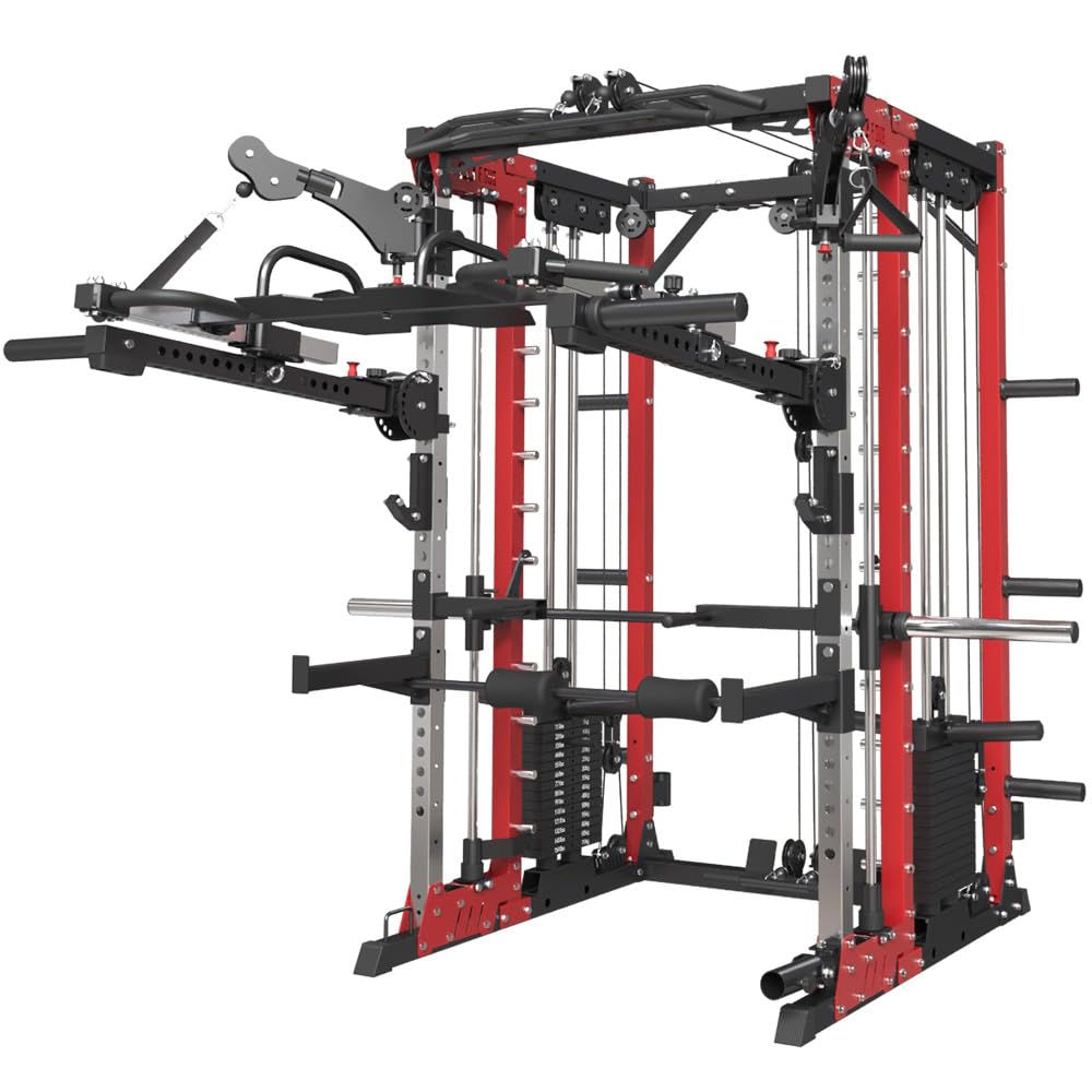 FAGUS H Commercial Smithe Machine with 308lb Dual Weight Stacks, 4000LBS Power Cage Squat Rack with Lever Arm & Leg Press, Multi-Function Linear Bearing Cable Crossover Machine for Home Gym, Red