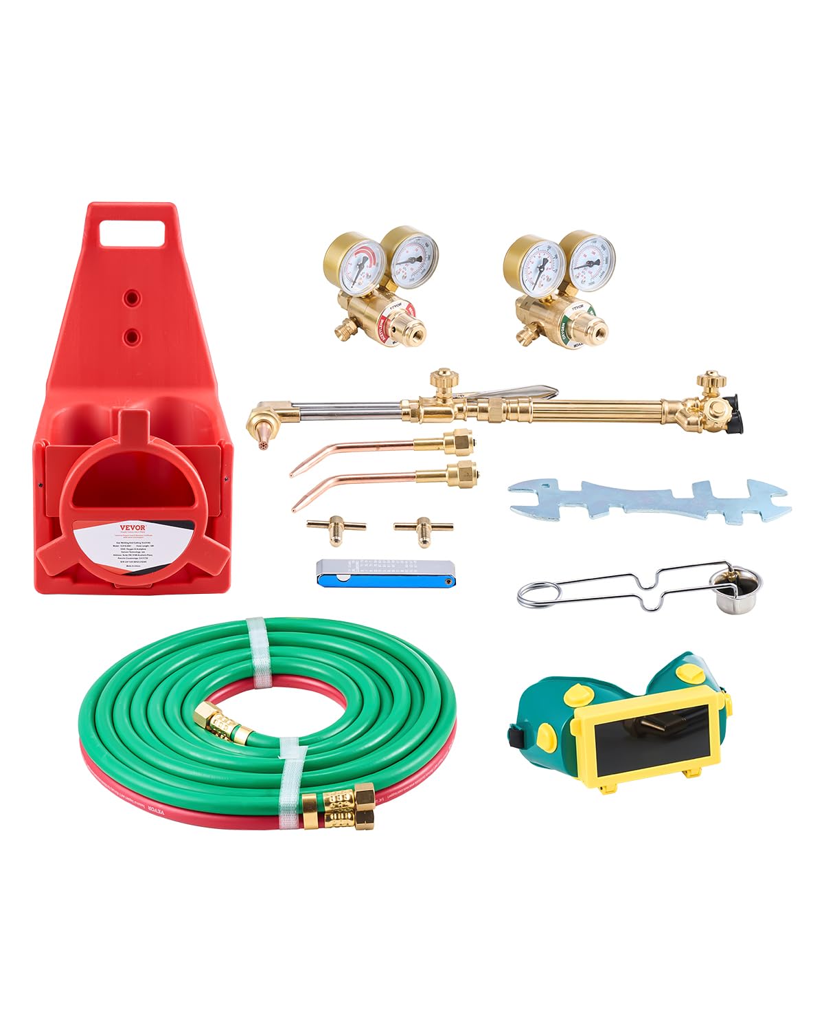 VEVOR Oxygen Acetylene Torch Kit, Gas Welding Cutting Torch Kit, 14PCS Portable Oxy Acetylene Brazing Set with 177'' Twin-Hose, Cutting Nozzle, 2 Welding Tips & Cylinder Holder (without Gas Cylinder)