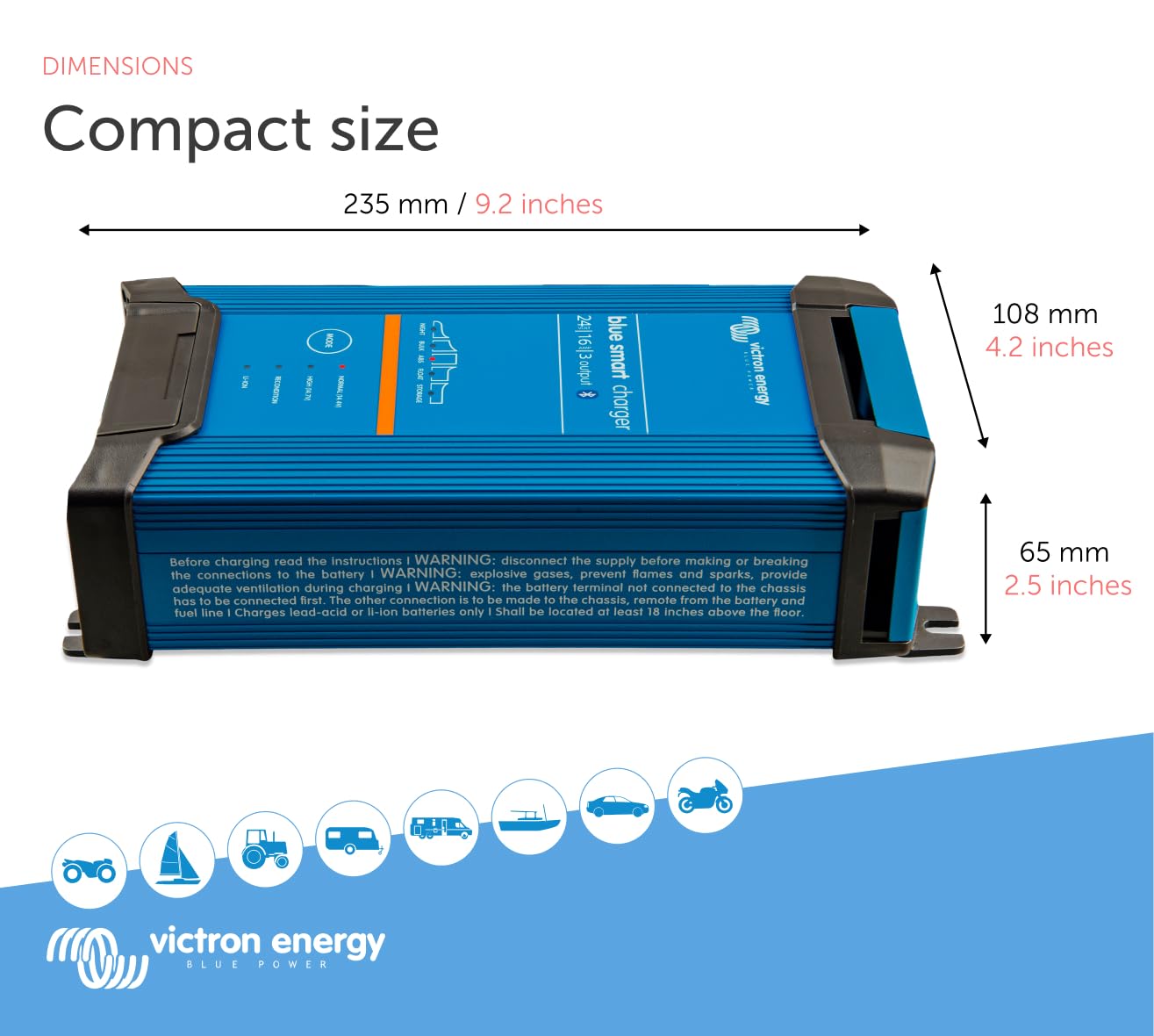 Victron Energy Blue Smart IP22 Smart Car Battery Charger 24V 16A, Float & Trickle Charger and Desulfator for Motorcycle, ATV, RV, Lithium and Deep Cycle Batteries, 3 outputs