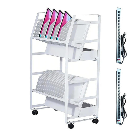 32 Device Mobile Charging Cart，Metrixpio Double-Layered Rolling Computer Cart with Socket Portable Ipad Storage & Laptop Cart for Teachers & White-Collar Workers