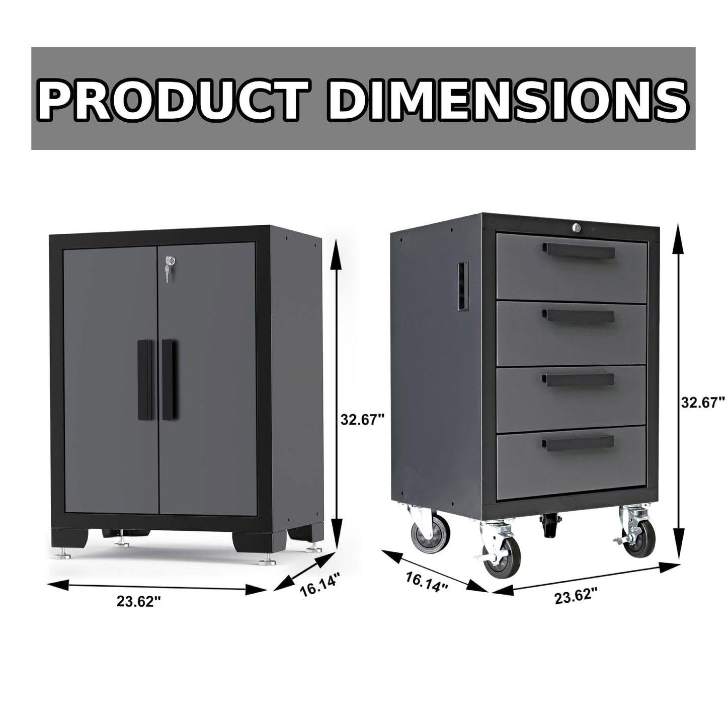 TCE Heavy Duty 12 Piece Garage Storage System: Metal Organization Workbench and 4-Drawers Rolling Cabinet, Black/Grey