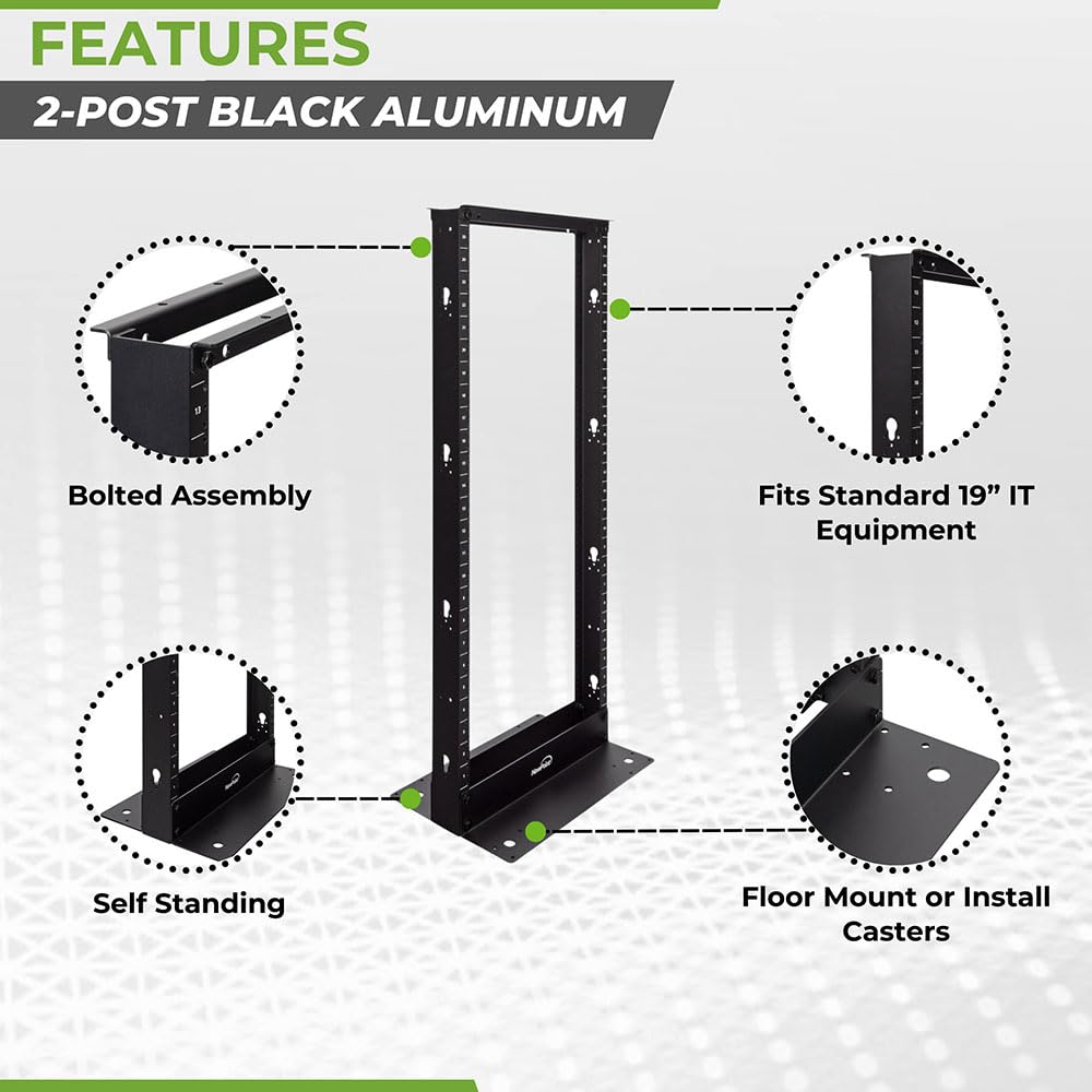 NavePoint 25U 2 Post Open Frame Server Rack for 19 Inch Equipment, AV, Networking, Data & IT Devices, 2-Post Rack 25U 661lbs Weight Capacity, Black