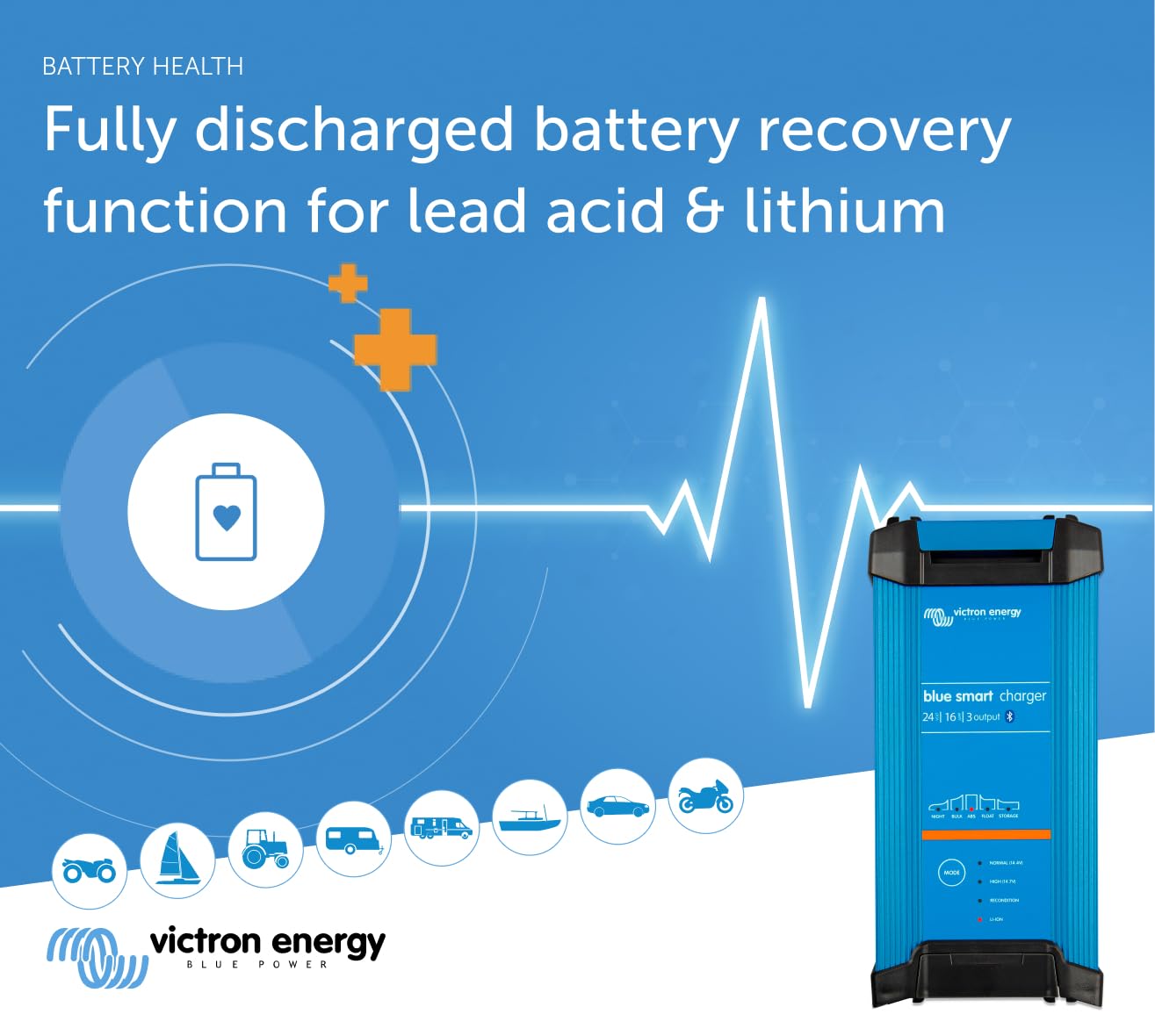 Victron Energy Blue Smart IP22 Smart Car Battery Charger 24V 16A, Float & Trickle Charger and Desulfator for Motorcycle, ATV, RV, Lithium and Deep Cycle Batteries, 3 outputs