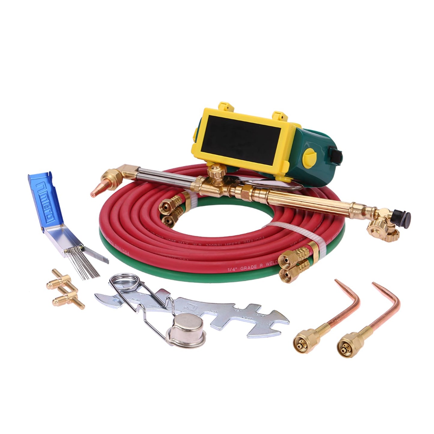 HEVIRGO Welding Brazing Cutting Torch Kit with Oxygen Acetylene Tanks, Professional Portable Tote Oxygen Acetylene Oxy Long Pipe Brass Nozzle Welding Torch Kit with Gauge