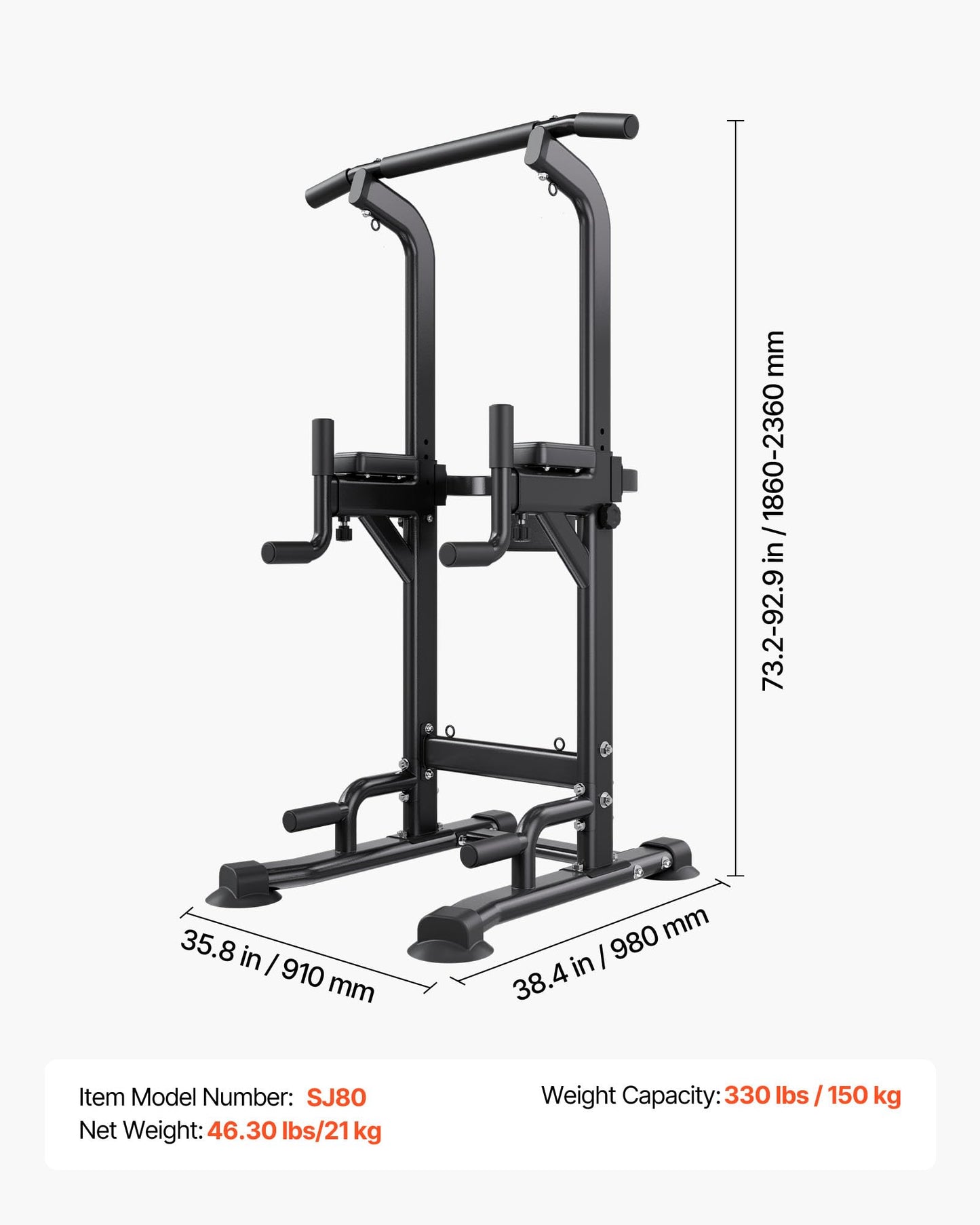 VEVOR Pull Up Bar, 330 LBS Power Tower Dip Station, Workout Dip Station with H-Shaped Stable Base & Back Pad, Adjustable 12 Level Height Free Standing Chin Up Bar for Back, 4-Level Adjustable Back Pad