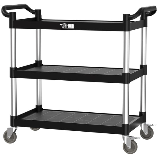 TUFFIOM Plastic Service Utility Cart with Wheels,Heavy Duty 450lbs Capacity, 3-Tier Commercial Rolling, Ideal for Restaurant, Foodservice, Office, Warehouse, Black 39.8''L x 19.1''W x 38.4''H