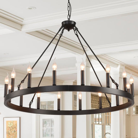 VIZBMYR Black Wagon Wheel Chandelier Farmhouse,Round Rustic Wagon Wheel Light Fixture for Dining Room,16-Light 40" Large Industrial Wagon Wheel Light for Living Room Foyer(Black 40 Inch 16-Lights)
