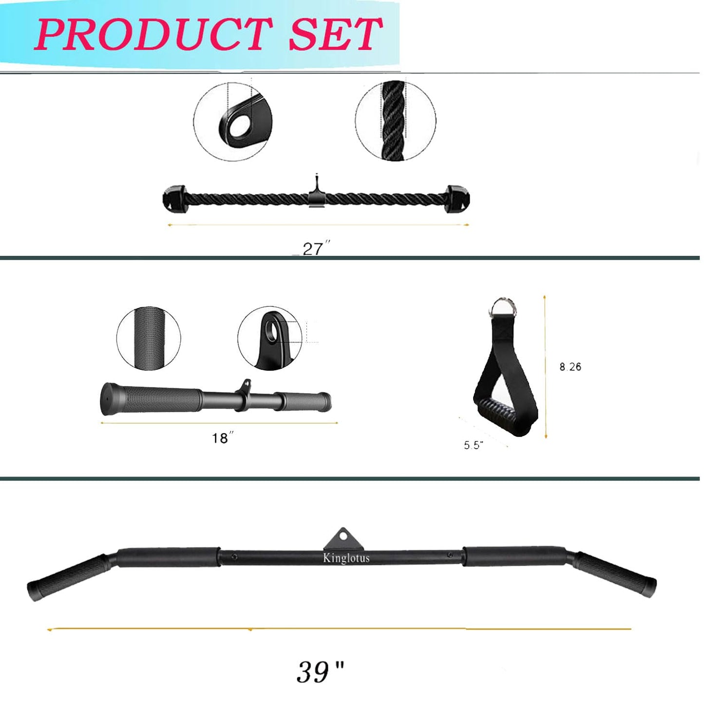 Cable Machine Attachments Home Gym, Triceps Rope, V Handle Cable Attachment,39inch LAT Pull Down Bar, Straight Rotaing Bar