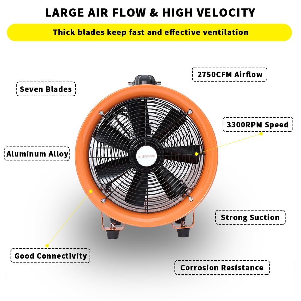 Utility Blower Fan 12 Inch, 550W High Velocity Ventilator with Duct Hose, Low Noise Portable Ventilation Fan, Fume Extractor for Exhausting & Ventilating at Home and Job Site (12IN FAN+16FT HOSE)