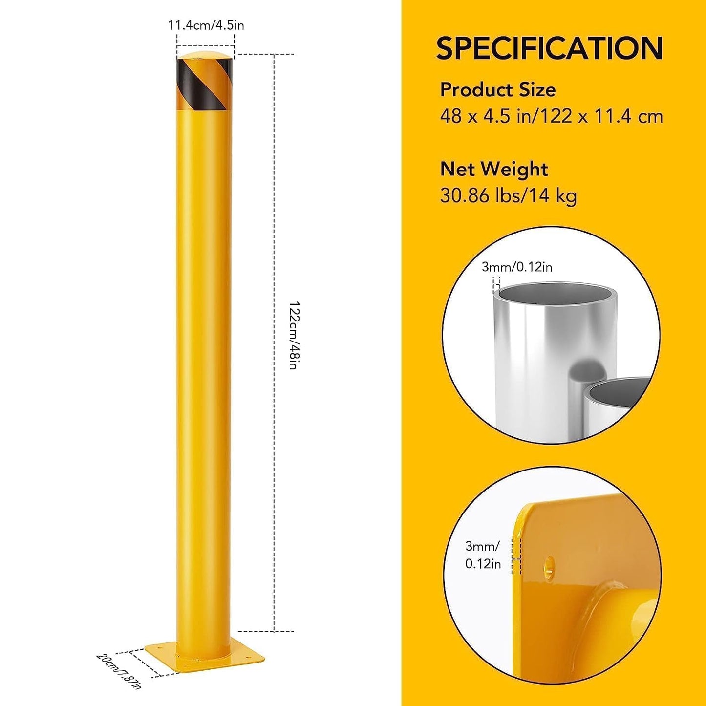 6Pcs 48 Inch Safety Bollard Post, 4.5 Inch Diameter Steel Pipe Bollard with 24 Anchor Bolts, Heavy Duty Yellow Steel Bollard for Parking Lot Security, Driveway Barrier, Traffic-Sensitive Areas
