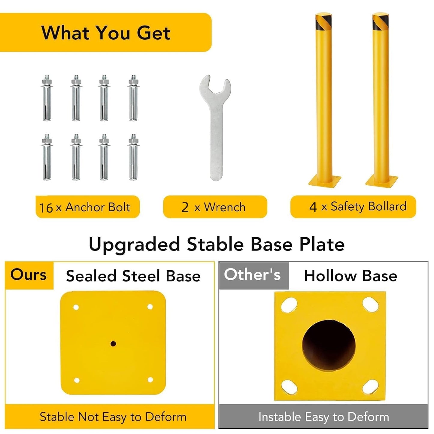 4-Pack 48 Inch Steel Safety Bollards, 4.5 Inch Diameter Parking Bollard Post with 16 Anchor Bolts, Yellow Safety Steel Bollard Post for Driveway Barrier, Traffic Control & Storefront Protection