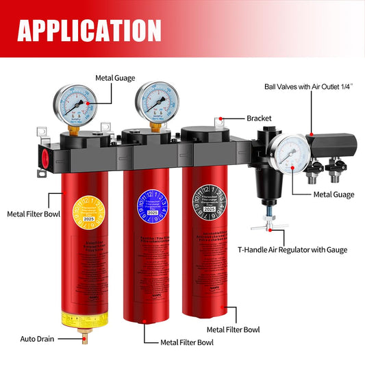 NANPU ZPA-R 3-Stage Air Filtration System with Regulator – Sintered, Fine & Activated Carbon Filters, 3/4" NPT Inlet, 1/4" NPT Outlet, 127 CFM, 218 PSI Max, Metal Housing, Auto Drain