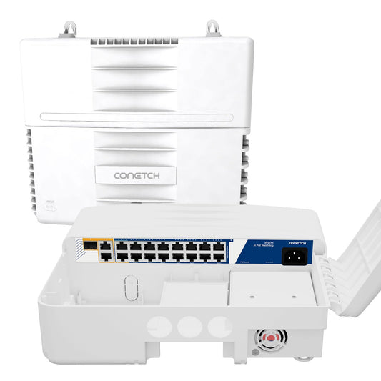 CONETCH 19 Port Outdoor PoE Switch with 2 Uplink & 1 SFP | IP65 Waterproof | 300W Built-in Power | IEEE802.3af/at/bt | AI Watchdog | 6KV Lightning Protection | All-in-one Box | Auto-Adaption 250m