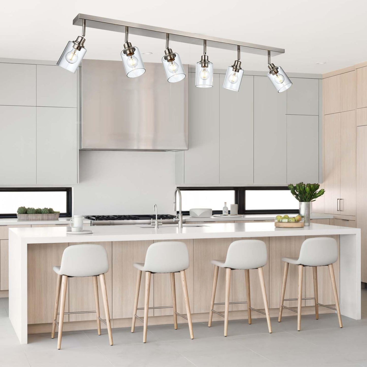 Lucidce 6-Light Adjustable Track Lighting Brushed Nickel Long Finish Tracking Light Complete Kit Industrial Ceiling Light Fixture for Kitchen Island Dining Room