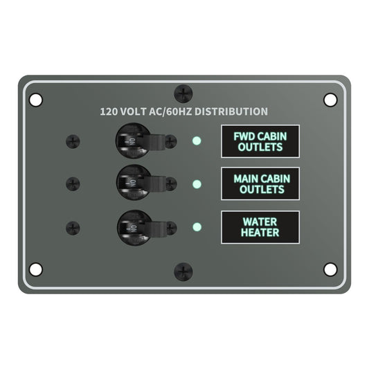 Haoguo Marine Distribution Switch Panel, 120VAC 3-Position Circuit Breaker with LED Indicators, 12VDC Backlit Board, Multiple Labels, Overload Protection, for Boats, RVs, and Home AC Circuits,HCTP-03