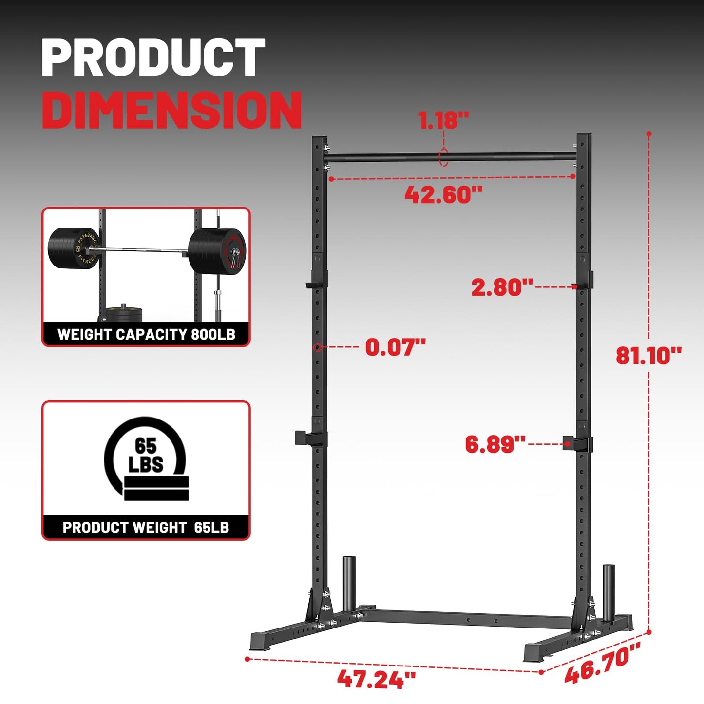 Squat Rack with Pull Up Bar for Home Gym, Adjustable Power Cage with J-Hooks, Multi-Functional Power Rack for 6FT, 7FT Barbell, Strength Training and Bodybuilding Equipment