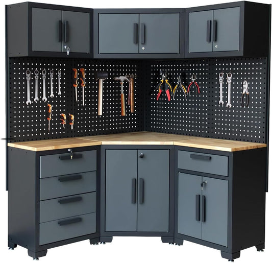 Tsnritor Garage Storage Cabinet System 8-Pcs Garage Cabinets and Storage System Corner Workshop Set with Corner Cabinet, Cabinet Drawers, Workbench, Pegboard for Tool Organization, Black and Grey