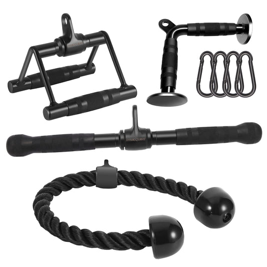 DYNASQUARE Cable Attachments for Home Gym, Made of Heavy Duty Solid Steel, LAT Pulldown Attachment, Weight Machine Accessories, Straight Pull Down Bar, Tricep Rope, Exercise & Double D Handle