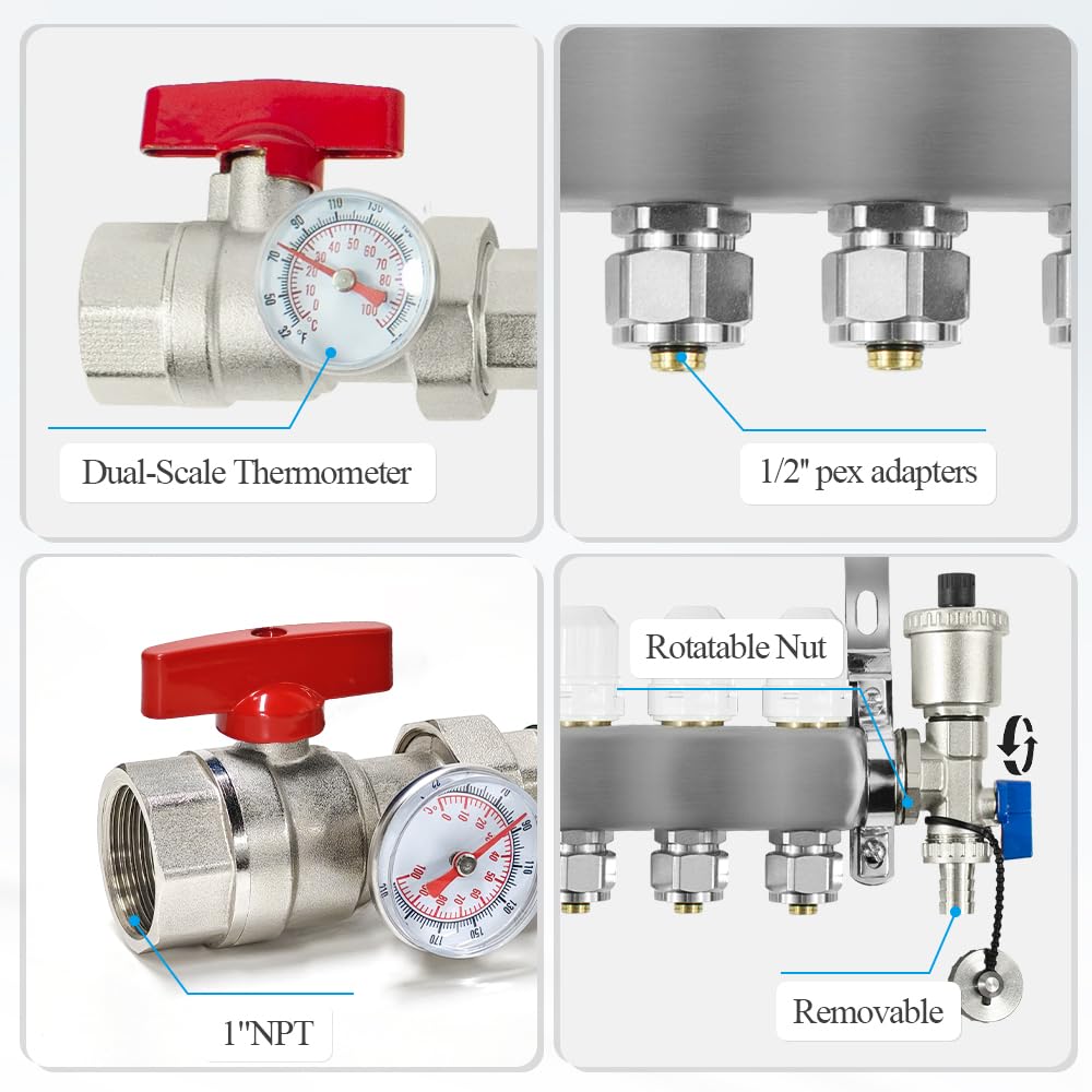 AB 3 Loop PEX/Radiant Manifold, 1/2 Inch Compatible Outlets, Up to 1.3 GPM Flow Valve for Hydronic Radiant Floor Heating(1/2" Connectors Included)