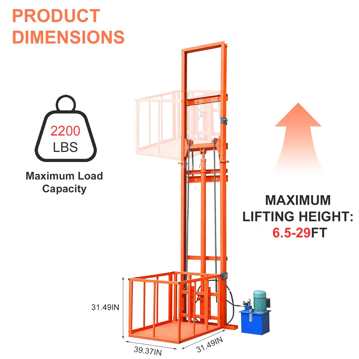 Hydraulic Freight Elevator System, 2200lbs 1-Ton Electric Cargo Lift Platform, Wall-Mounted Rail Guide VRC Mezzanine Hoist with 2500W Pump for Warehouse, Factory, Home Garage (26.2FT Lifting Height)