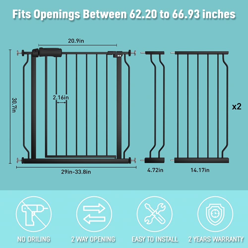 WAOWAO Baby Gate 62.19-66.92" Extra Wide Pressure Mounted Walk Through Swing Auto Close Safety Black Metal Toddler Kids Child Dog Pet Puppy for Stairs,Doorways,Kitchen