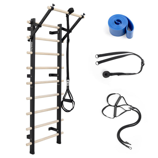 Swedish Ladder, Wood Stall Bar with Suspension Trainer Straps, Pull-Up Dip Bar Attachment, Strategic Rods, for Home, School, hysical Therapy and Gymnastics, Upgrade Installation