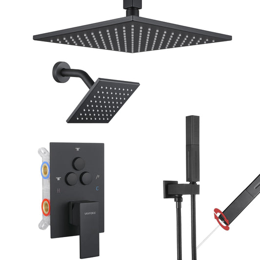VANFOXLE Shower Faucet Set Matte Black Shower System, Push Button Diverter Shower Faucet with Trim Kit, Ceiling Mount 10 Inch Shower Head Increased Thick, 6 Inch Side Shower Head, 2-in-1 Handheld
