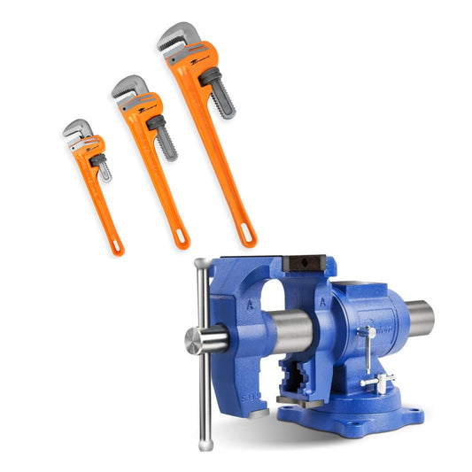 Forward Bench Vise 6 Inch with 3 Pcs Pipe Wrench Set