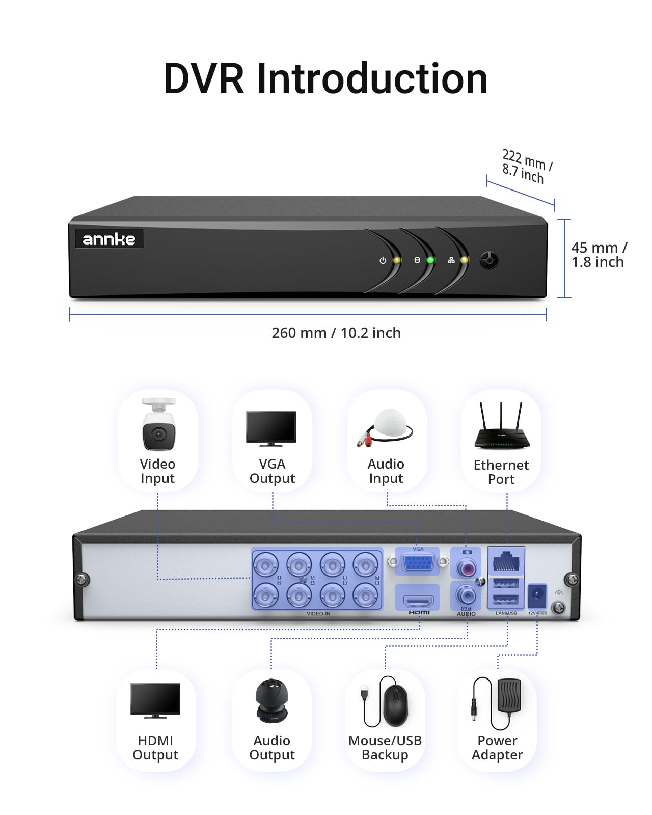 ANNKE 8 Channel 3K Lite Security Digital Video Recorder with 1TB Hard Drive, H.265+ Hybrid 5-in-1 Surveillance DVR, Human & Vehicle Detection, Supports 8CH Analog and 2 IP Cameras for 24/7 Home CCTV