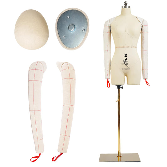 lavandeform Female Dress Model Torso Body Clothing Forms, Size 2 Professional Dress Form for Tailor Design, Sewing Mannequin Foam Body for Pinning，Soft Long Sleeve Sewing Arms. (with Arms Beige, 2)