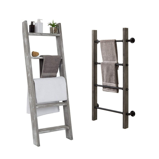 MyGift Wall-Leaning Rustic Gray with White Finish Wood Ladder-Style Blanket Rack Vintage Grey Wood & Industrial Metal Pipe Wall Mounted Ladder Rack, 46 Inch Towel Shelve