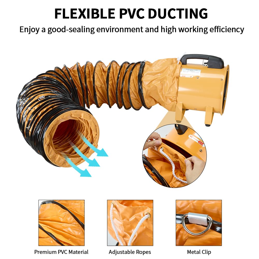 ONNAO Utility Blower Fan 8 inch Ventilator 3300RPM Extractor Industrial 1500 m3/h High Velocity Portable Ventilation Fan with 16 ft Flexible Duct Hose