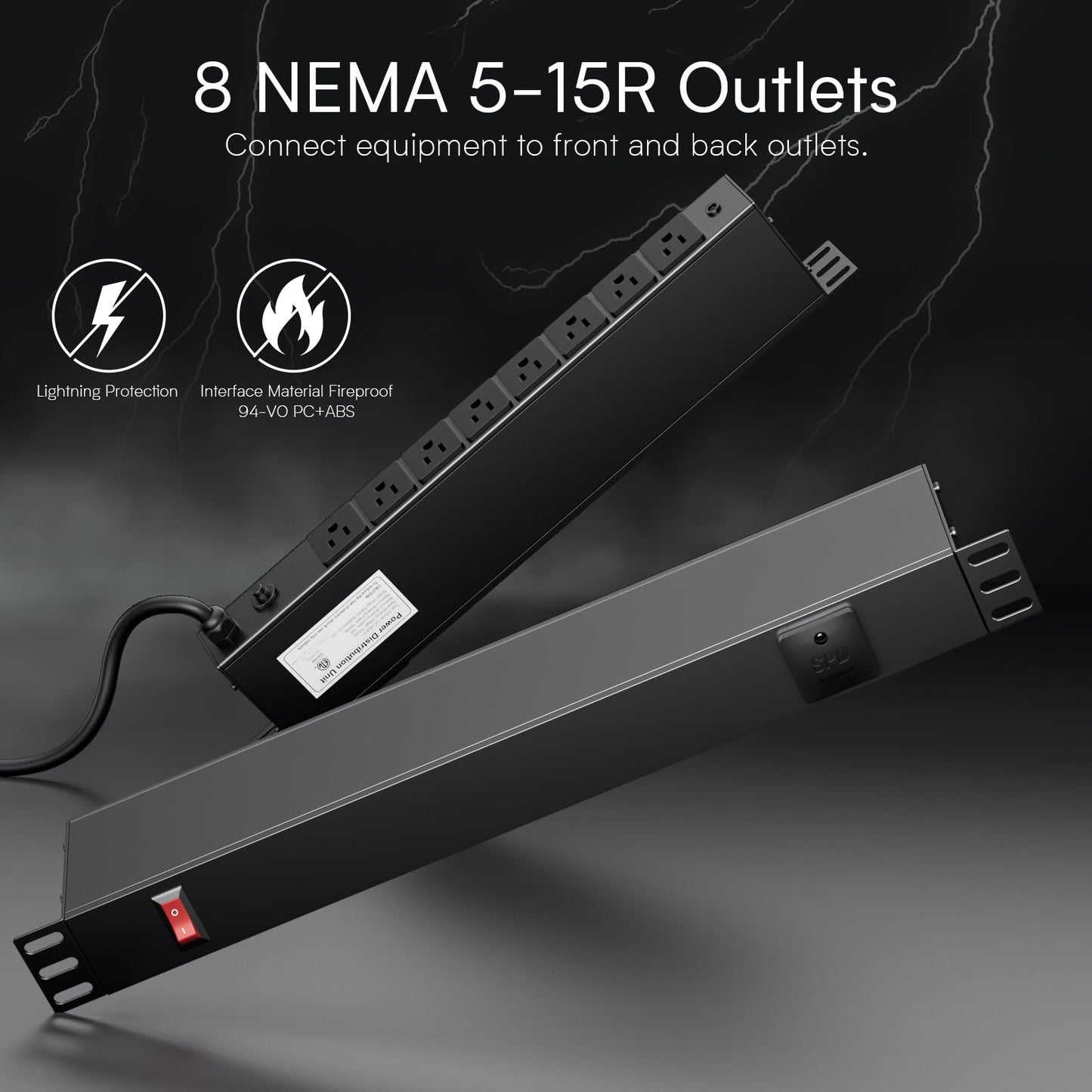 8 Outlet Horizontal 1U Rack Mount PDU Power Strip with Surge Protector - 110V/15A - 6ft Power Cord for Network Server Racks (PDU-03)