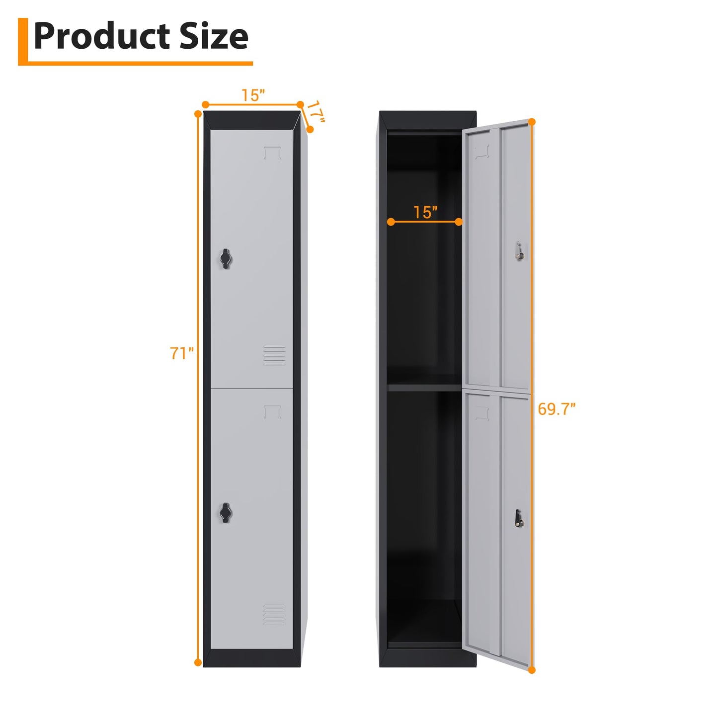 GAOMON 2 Door Tall Metal Locker with Key Employee Metal Locker, Lockable Heavy Duty Steel Employee Locker for Schools, Gyms, Homes, Offices, Utility Rooms, Grey and Black