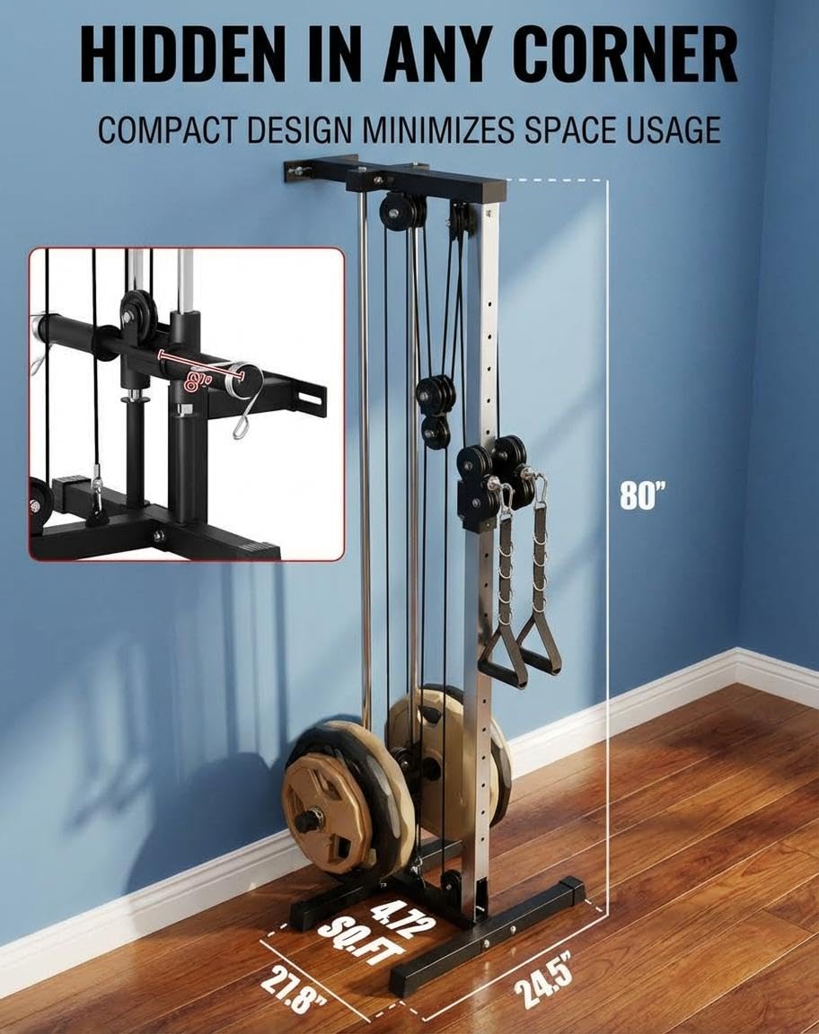 Wall Mount Cable Machine, 19-Position Dual Pulley LAT Pulldown & Crossover System for Home Gym, 400lb Capacity, Garage & Apartment Strength Equipment