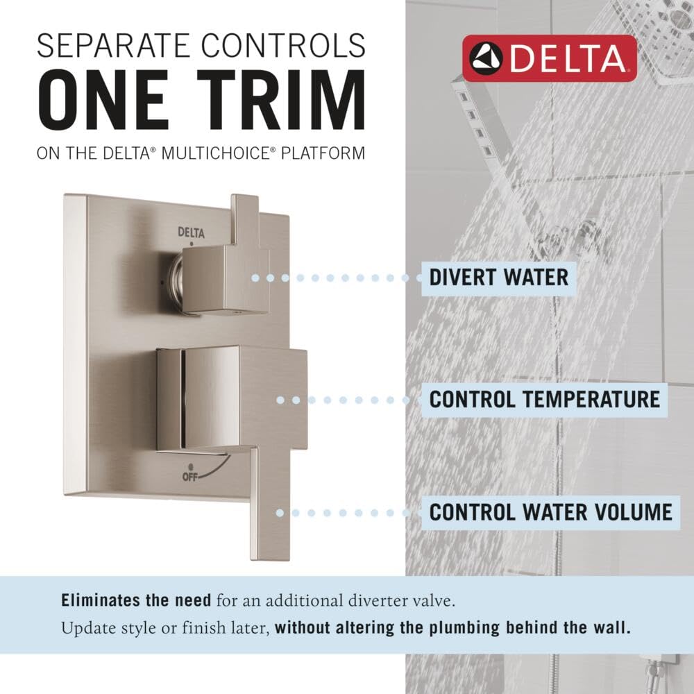 Delta Modern 14 Series Square Rain Shower System Faucet Set, Rainfall Brushed Nickel Shower Head and Handle Set, Valve Trim Kit, 10 Inch, Spotshield Stainless 342701-SP