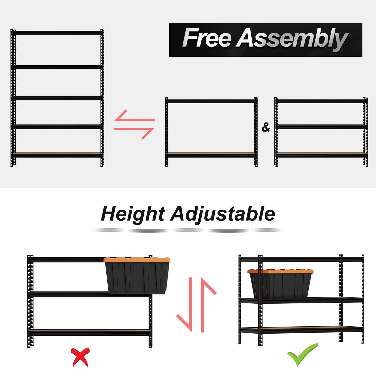 GarveeTech 5 Tier Garage Storage Shelves, Heavy Duty Utility Shelves Metal Shelving Unit, 48"L x 18"W x 73"H Adjustable Storage Shelves Utility Rack for Garage Kitchen Basement Pantry Laundry, Black