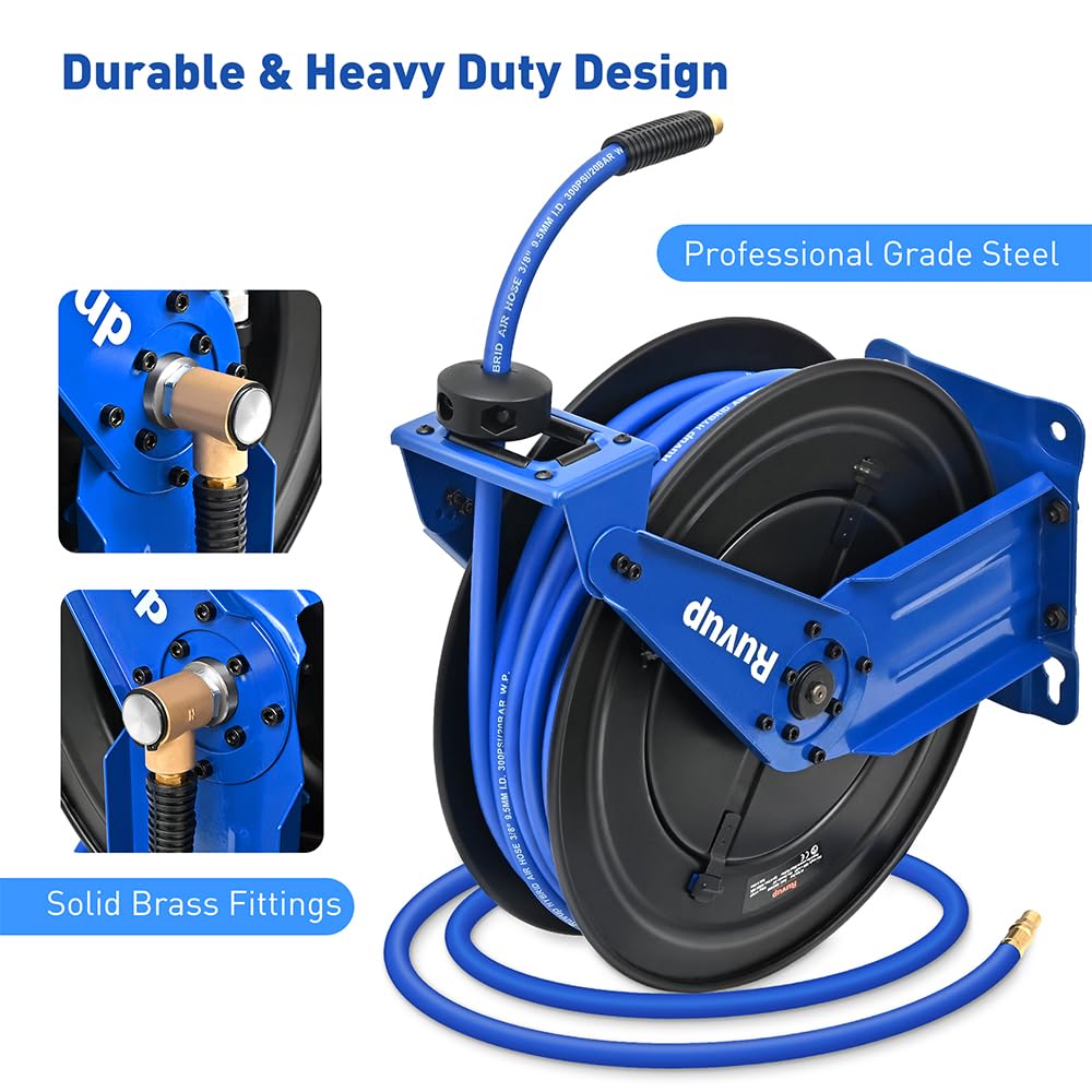 Ruvup Retractable Air Hose Reel, 3/8" x 75ft Air Compressor Tools Hose Reel Auto Rewind Hybrid Hose Max 300PSI with 6.5ft Lead Hose Heavy Duty Steel with 12-Position Ratchet Lock Accessory Kit