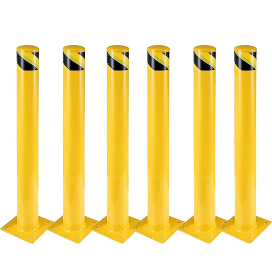 6-Pack 36 Inch Steel Safety Bollards, 4.5 Inch Diameter Parking Bollard Post with 24 Anchor Bolts, Yellow Safety Steel Bollard Post for Driveway Barrier, Traffic Control & Storefront Protection