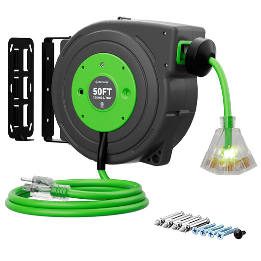 50 FT Retractable Extension Cord Reel, Heavy Duty 12AWG/3C SJTOW Power Cord, Lighted Triple Tap, 15A Circuit Breaker, Wall/Ceiling Mount Electric Cord Reel for Garage & Workshop, ETL Listed, Green