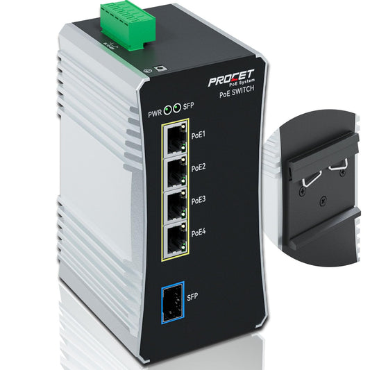 PROCET Gigabit PoE Switch 4-Port Din Rail, 90W/Port, Industrial PoE++ Fiber Media Converter with Wide Temp -40°F to 149°F, SFP Slot, Boost, 12-57V DC Input, IEEE802.3af/802.3at/802.3bt, PT-PIS4PB1S-E