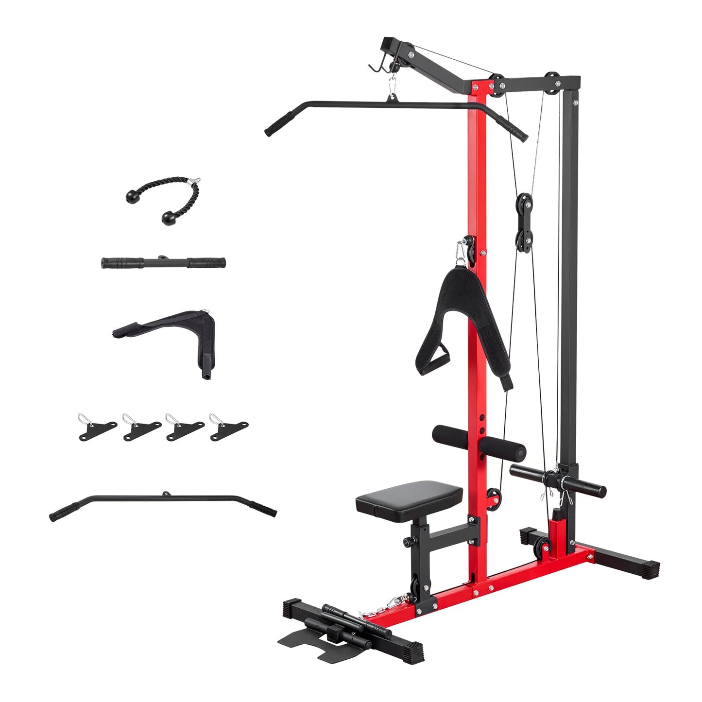 VEVOR LAT Pull Down Machine, 3-in-1 Row Cable Machine, Cable Machines Home Gym with 3-Level Adjustable Seat, 4-Level Adjustable Foam Roller, Load 400 lbs LAT Tower for Back, Chest, Tricep, Black
