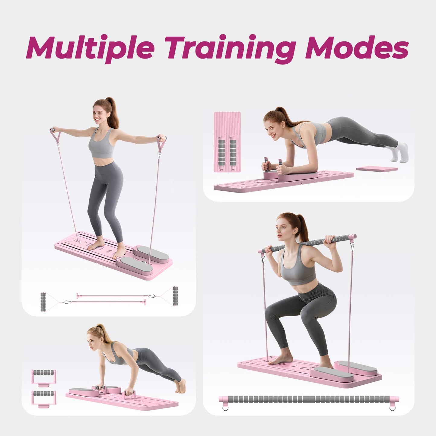 Multifunctional Pilates Board, Pilates Reformer Sets 7-in-1 Foldable Pilates Reformer Machine for Home Workout with Timer, Phone Holder, Push-up Bar, Ab Board, 330LBS Capacity Portable Set, Pink