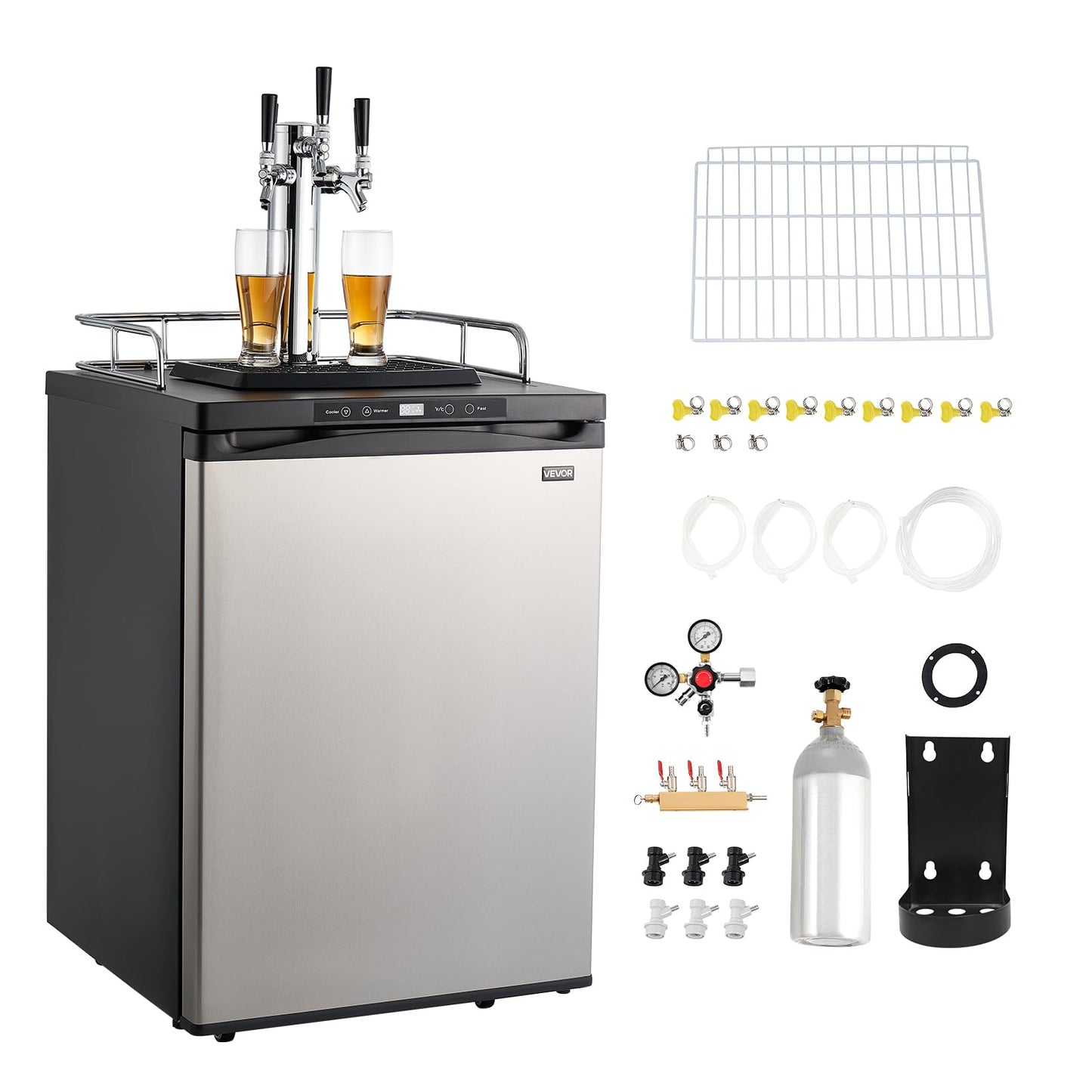 VEVOR Beer Kegerator, Triple Tap Commercial Draft Beer Dispenser for D system, Full Size Keg Refrigerator with 5lbs CO2 Tank, Hold 3 Sixth/2 Slim/3 Ball lock keg (3 taps - ball lock)